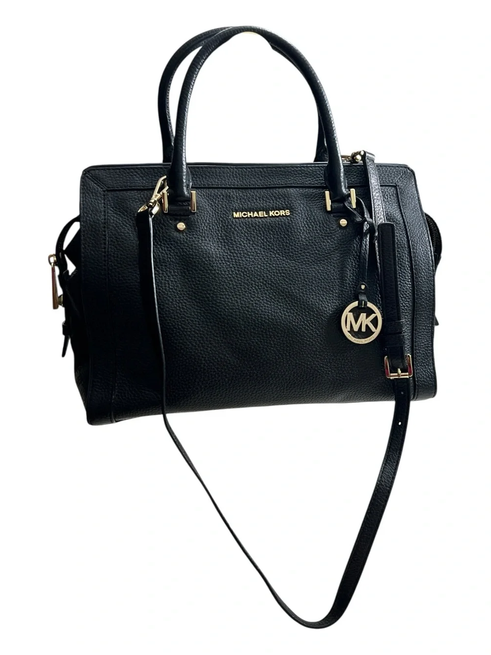 Michael Kors Black Leather Satchel with Gold MK Charm